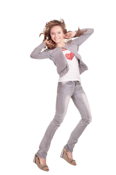 Aantrekkelijk Meisje Springen Een Witte Achtergrond — Stockfoto