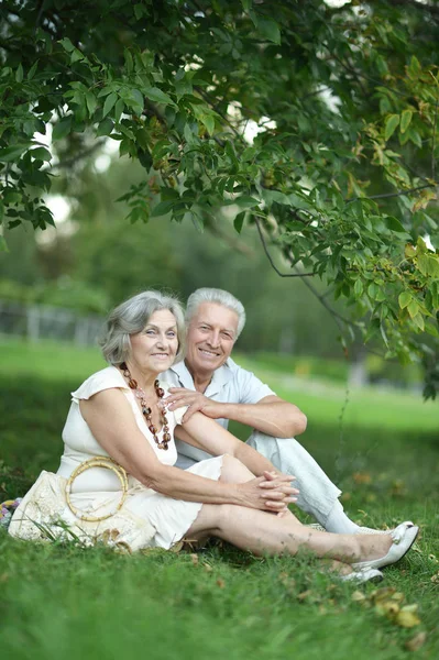 Retrato Hermosa Pareja Ancianos Sentados Hierba —  Fotos de Stock