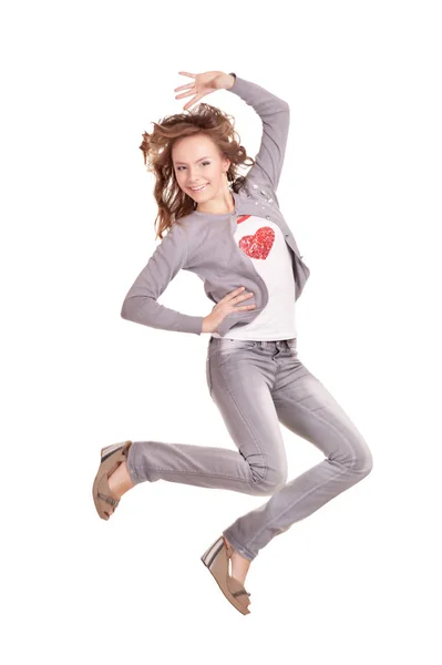 Aantrekkelijk Meisje Springen Een Witte Achtergrond — Stockfoto