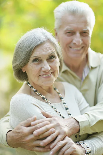 Smiling Senior Couple Embracing Autumn Park — 스톡 사진