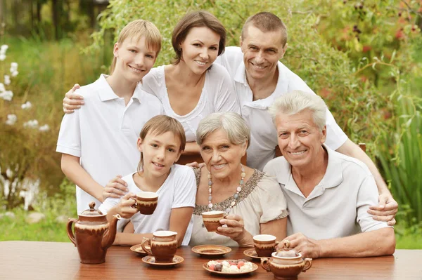 Big Happy Family Drinking Tea Outdoors — Stock Photo, Image