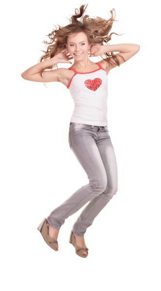 Attractive Girl Jumping White Background — Stock Photo, Image