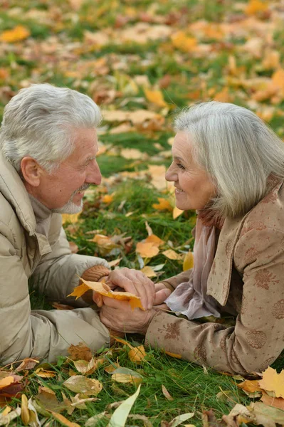 Happy Senior Couple Lying Park — Stock Photo, Image