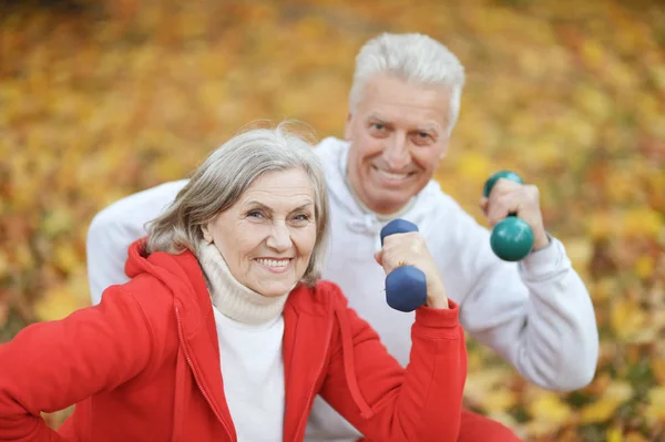Fit Senior Couple Exercising Autumn Park — Stock Photo, Image