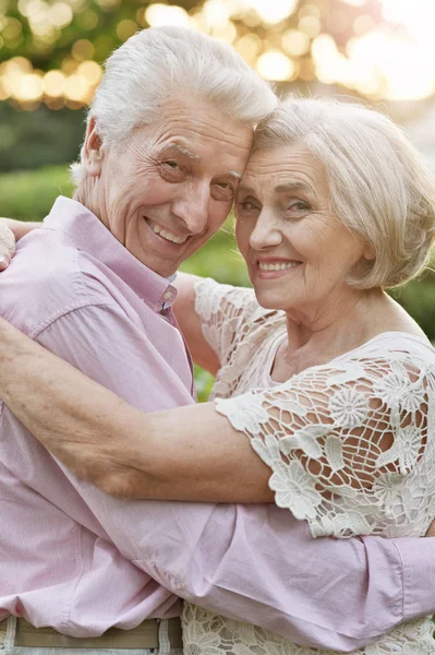 Smiling Senior Couple Embracing Autumn Park — 스톡 사진