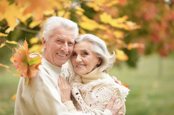 Mooie Senior Paar Knuffelen Het Park — Stockfoto