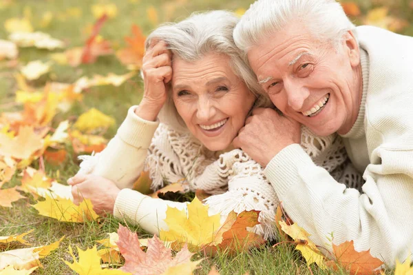 Portrait Beau Couple Personnes Âgées Couché Sur Herbe — Photo