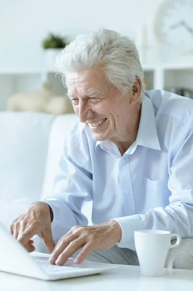Пожилой Мужчина Пользуется Ноутбуком Дома — стоковое фото