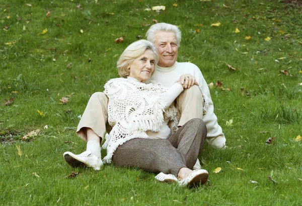 Çimenlerde Oturan Güzel Yaşlı Çiftin Portresi — Stok fotoğraf