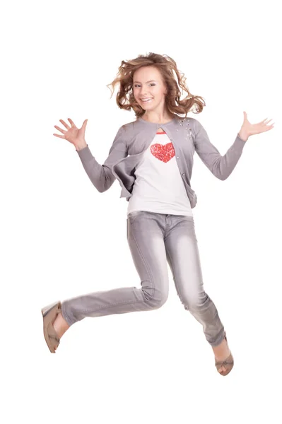 Attractive Girl Jumping White Background — Stock Photo, Image