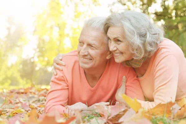 Feliz Pareja Ancianos Acostados Hojas Otoño — Foto de Stock