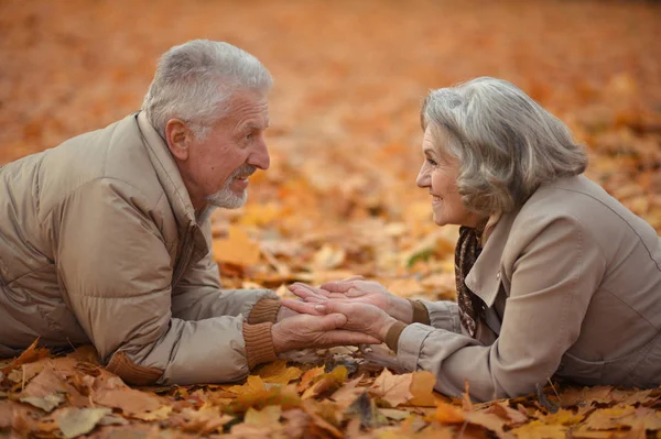 Heureux Couple Âgé Allongé Sur Des Feuilles Automne — Photo