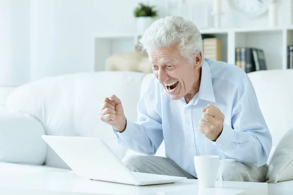 老年人在家里用笔记本电脑 — 图库照片