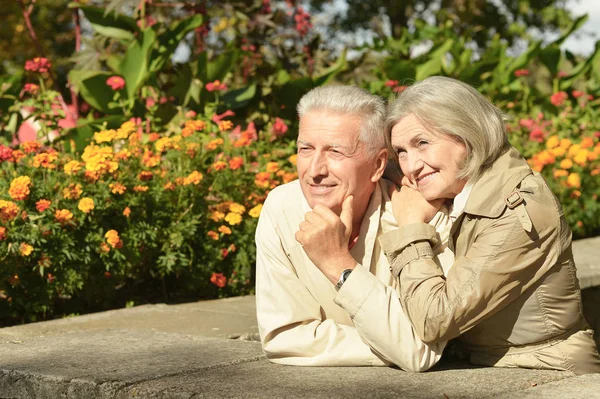 Sonbahar Parkında Gülümseyen Yaşlı Çift — Stok fotoğraf