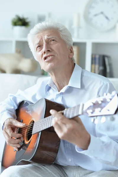 Happy Senior Man Guitar Sitting Sofa Home — Stock Photo, Image