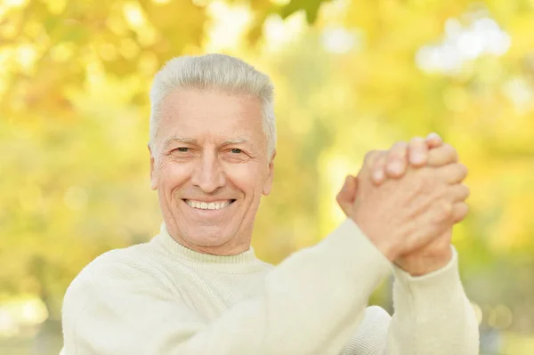Happy Senior Man Showing Handshake Park — Stockfoto