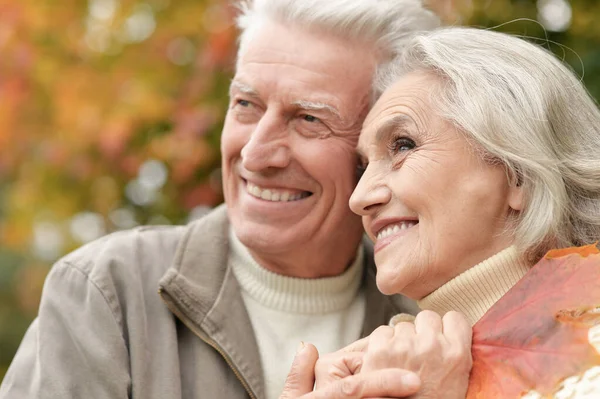 美丽的老夫妇在公园里微笑的画像 — 图库照片