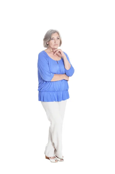 Ledsen Vacker Senior Kvinna Poserar Isolerad Vit Bakgrund — Stockfoto