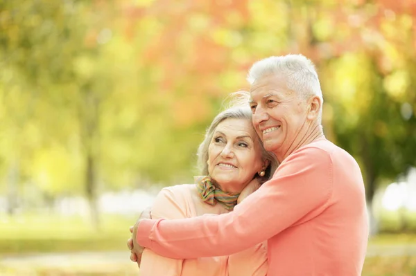 Glimlachend Senior Paar Omarmen Herfst Park — Stockfoto