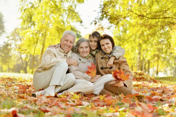 Familia feliz relajándose en el bosque de otoño — Foto de Stock