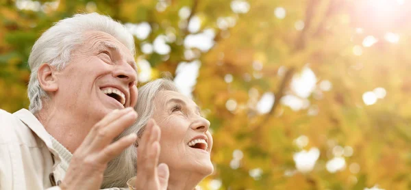 Uśmiechnięta Para Seniorów Jesiennym Parku — Zdjęcie stockowe