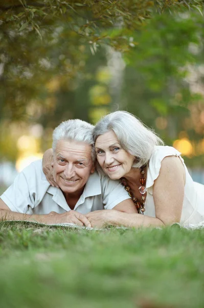 Retrato Belo Casal Sênior Deitado Parque — Fotografia de Stock