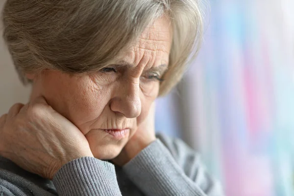 Close Portrait Sad Senior Woman Home — Stock Photo, Image