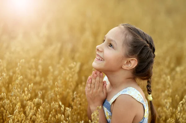 Aranyos Kislány Búzamezőn Imádkozik — Stock Fotó