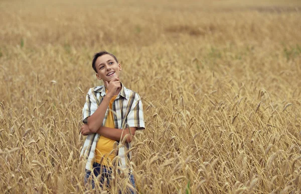 Happy Boy Campo Apreciando Natureza — Fotografia de Stock