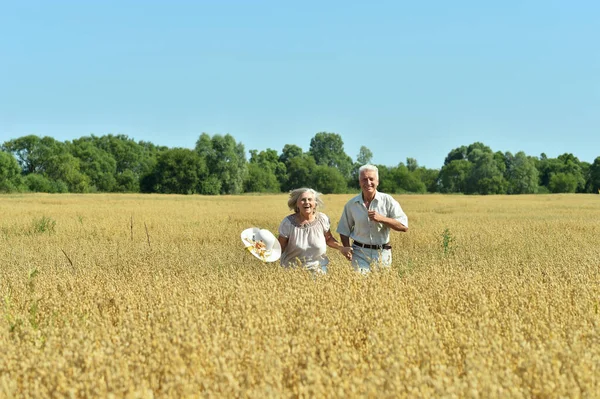 Seniorenpaar ruht sich auf Sommerfeld aus — Stockfoto