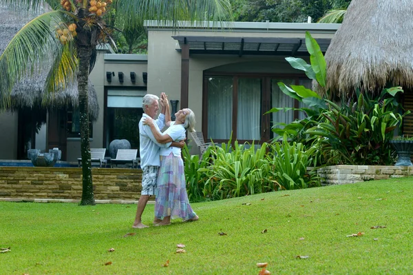 Happy Senior Couple Dancing Hotel Resort — Stock Photo, Image