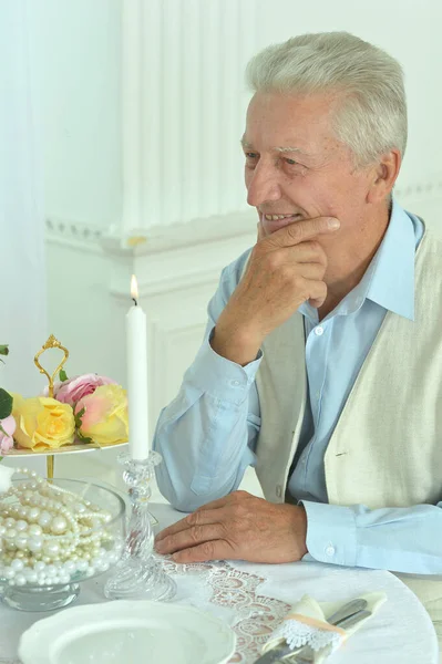 Happy Senior Man Sitting Table — Stock Photo, Image