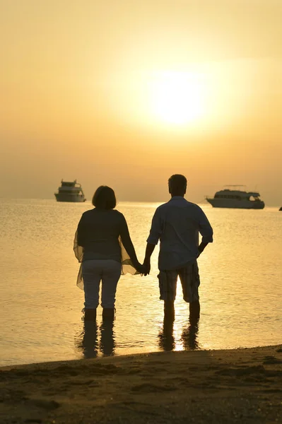 日落时分 一对快乐的老夫妇手牵手在热带海滩上 — 图库照片