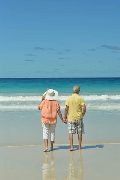 Πίσω Όψη Ευτυχισμένο Ηλικιωμένο Ζευγάρι Περπατά Στην Τροπική Παραλία — Φωτογραφία Αρχείου