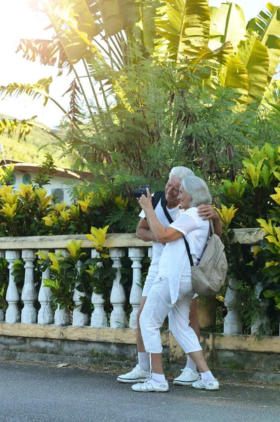 Casal Idoso Turistas Com Câmera Viagens — Fotografia de Stock