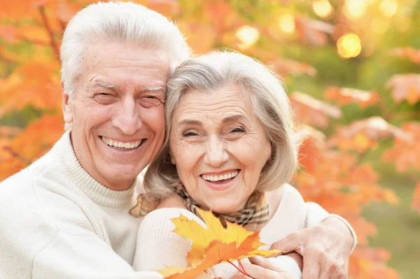 Portret Van Mooi Gelukkig Senior Paar Met Herfstbladeren — Stockfoto