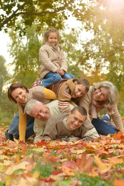 Bonne Famille Souriante Détendre Dans Parc Automne — Photo