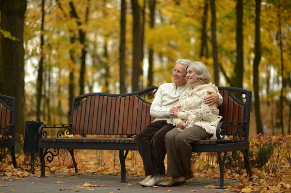 Gelukkig Bejaarde Echtpaar Zittend Bank Herfst Park — Stockfoto