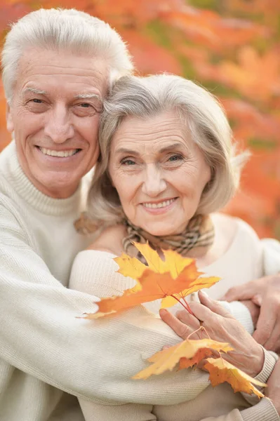 Portret Van Mooi Gelukkig Senior Paar Met Herfstbladeren — Stockfoto