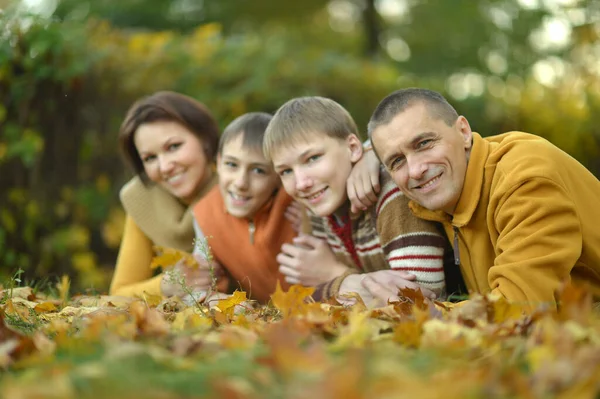 Czteroosobowa Rodzina Relaksująca Się Jesiennym Parku — Zdjęcie stockowe