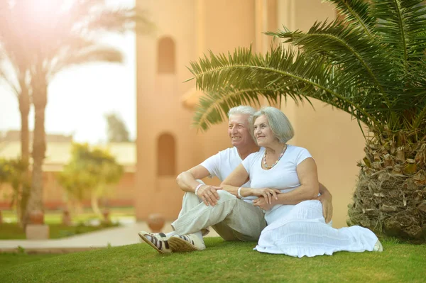Szczęśliwa Para Starszy Siedząc Trawie — Zdjęcie stockowe