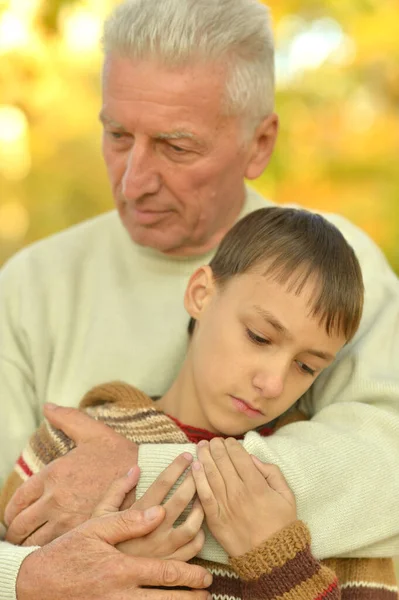 Sad Grandfather Grandson Hugging Park — Stock Photo, Image