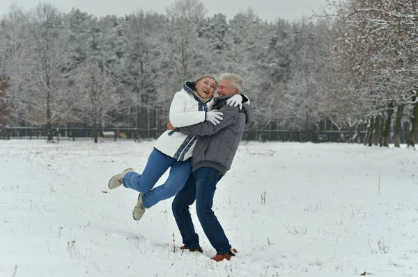 Glückliches Senioren Paar Umarmt Sich Verschneiten Winterpark — Stockfoto