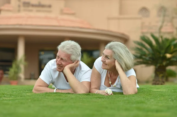 Glückliches Senior Paar Posiert Gras — Stockfoto