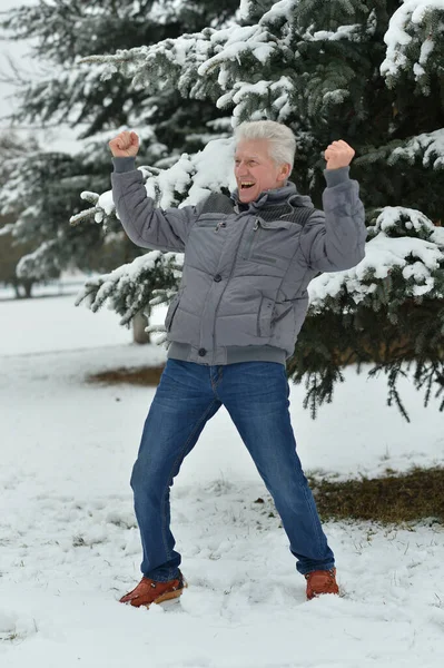 Portrait Happy Senior Man Standing Outdoors Winter — Stock Photo, Image
