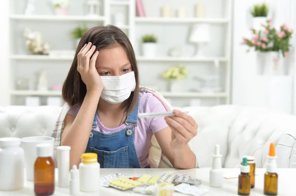 Close Portrait Little Girl Wearing Facial Mask Thermometer — Stock Photo, Image