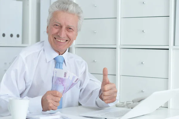 Mature Businessman Working Office Man Holding Euros — Stock Photo, Image