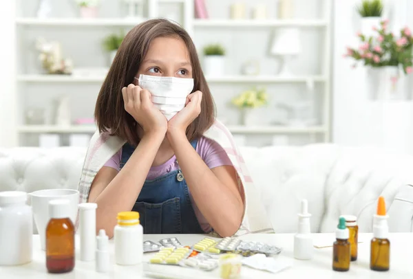 Close Portrait Little Girl Wearing Facial Mask Pills — Stock Photo, Image