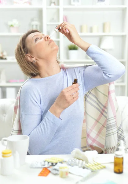 Ill Young Woman Tapped Nose — Stock Photo, Image