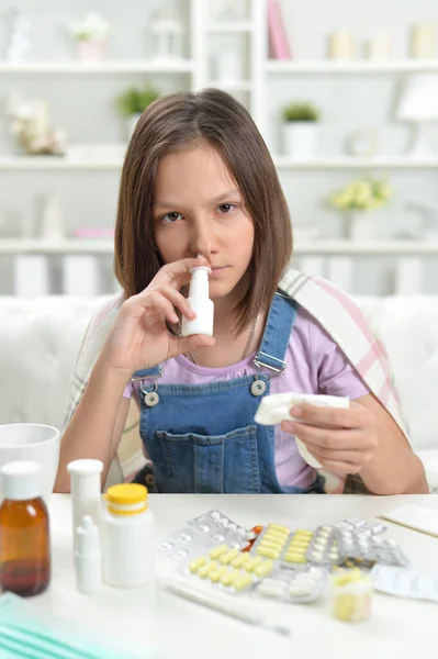 Close Portrait Sick Little Girl Using Inhaler — Stock Photo, Image